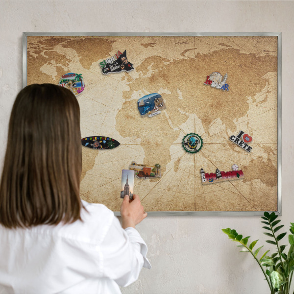 Souvenir magnet display board with a silver frame Old map
