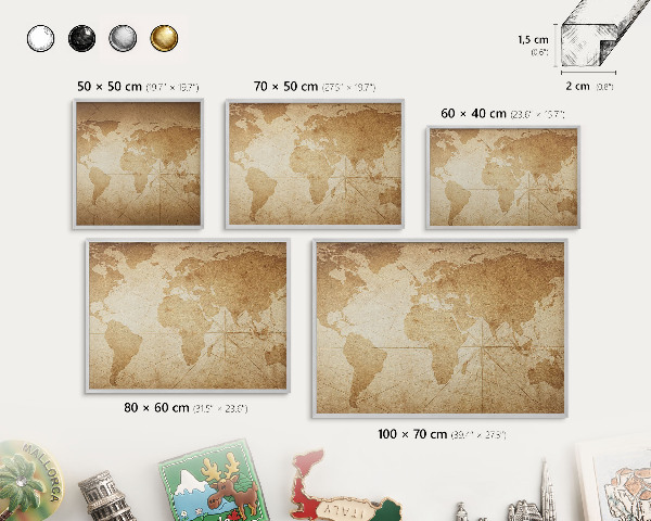 Souvenir magnet display board with a silver frame Old map