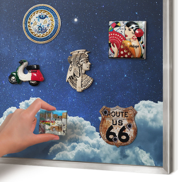 Souvenir magnet display board with a silver frame Cosmic night