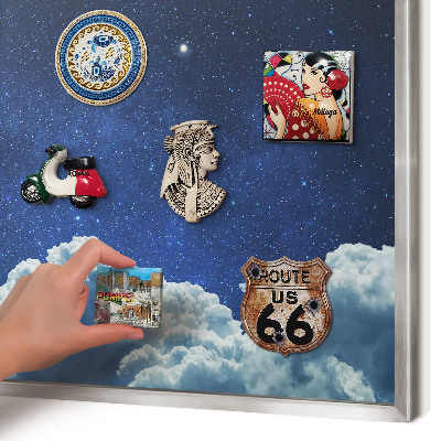 Souvenir magnet display board with a silver frame Cosmic night