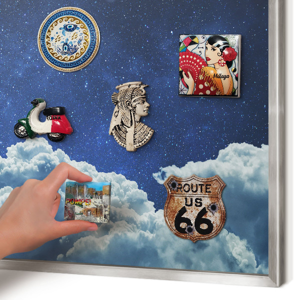 Souvenir magnet display board with a silver frame Cosmic night