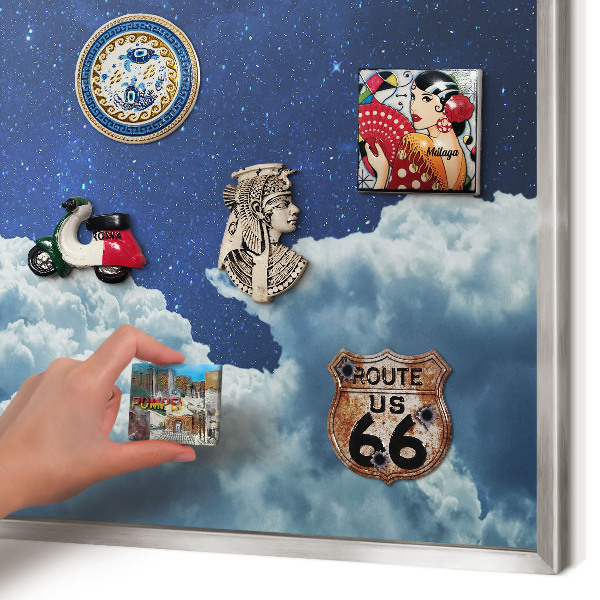 Souvenir magnet display board with a silver frame Cosmic night
