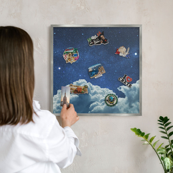 Souvenir magnet display board with a silver frame Cosmic night