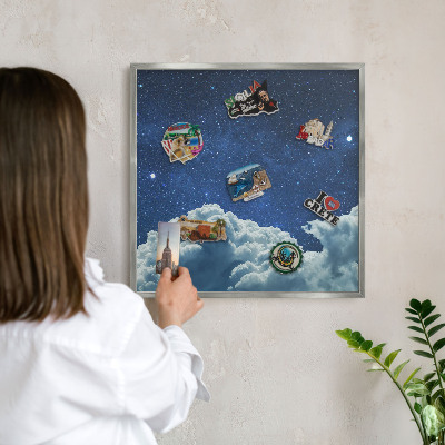 Souvenir magnet display board with a silver frame Cosmic night