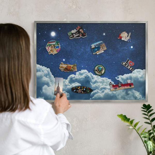 Souvenir magnet display board with a silver frame Cosmic night
