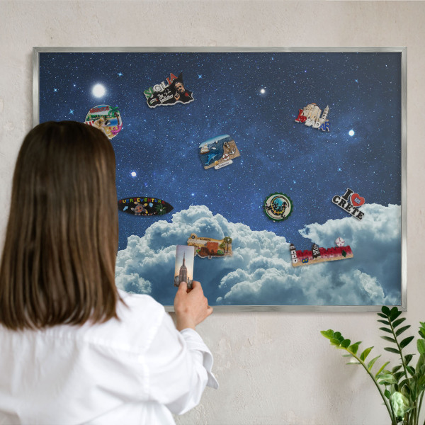 Souvenir magnet display board with a silver frame Cosmic night
