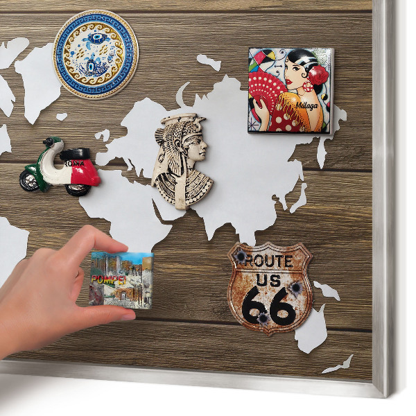 Souvenir magnet display board with a silver frame Wooden map
