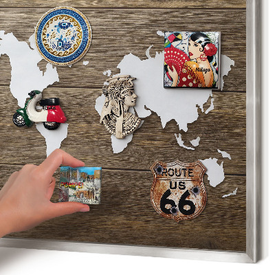 Souvenir magnet display board with a silver frame Wooden map