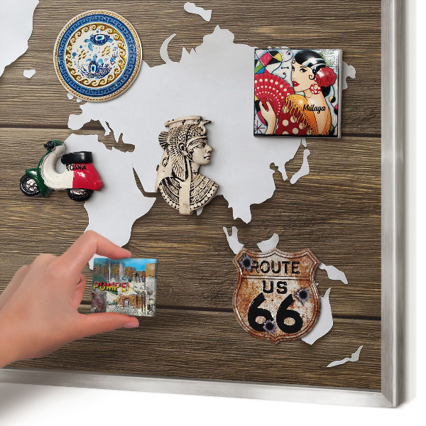 Souvenir magnet display board with a silver frame Wooden map