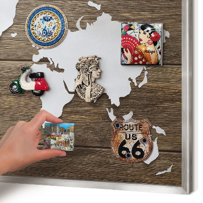 Souvenir magnet display board with a silver frame Wooden map