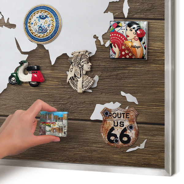 Souvenir magnet display board with a silver frame Wooden map