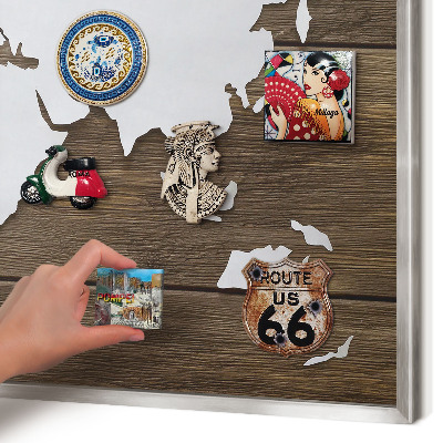 Souvenir magnet display board with a silver frame Wooden map