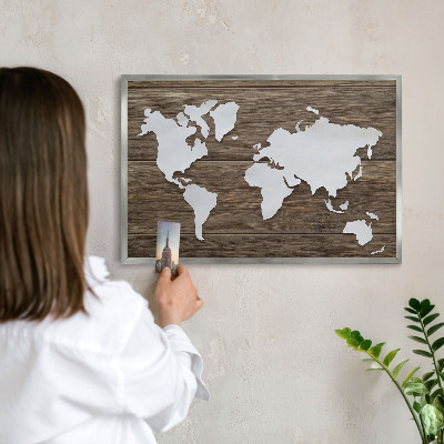 Souvenir magnet display board with a silver frame Wooden map