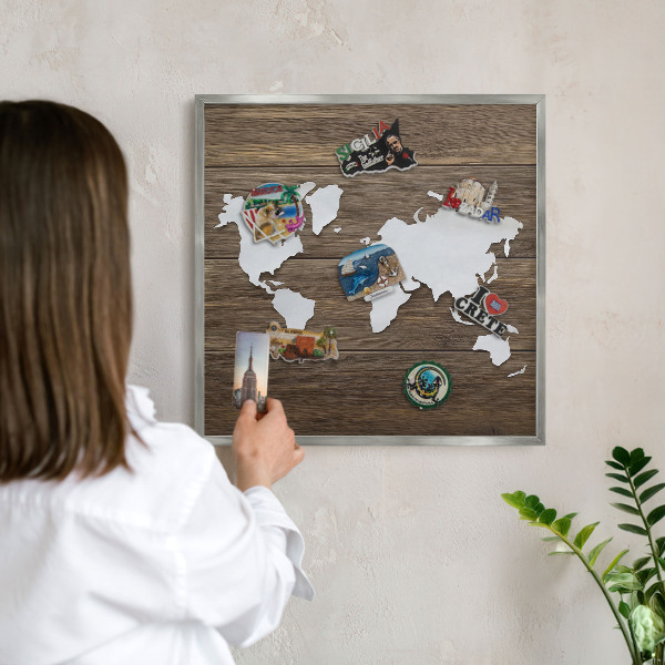Souvenir magnet display board with a silver frame Wooden map