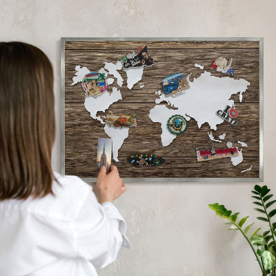 Souvenir magnet display board with a silver frame Wooden map