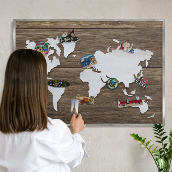 Souvenir magnet display board with a silver frame Wooden map