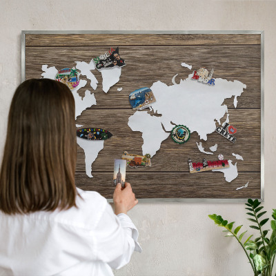 Souvenir magnet display board with a silver frame Wooden map