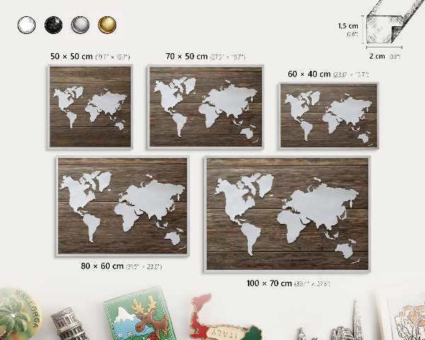 Souvenir magnet display board with a silver frame Wooden map