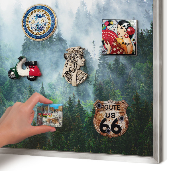 Souvenir magnet display board with a silver frame Mysterious forest