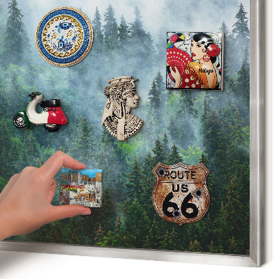 Souvenir magnet display board with a silver frame Mysterious forest