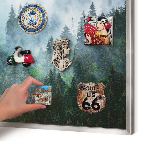 Souvenir magnet display board with a silver frame Mysterious forest