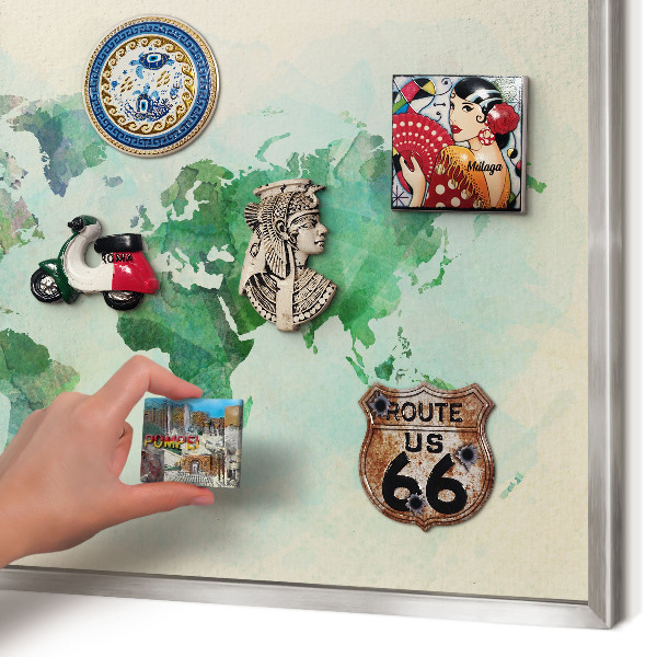 Printed magnet board in a silver frame World map