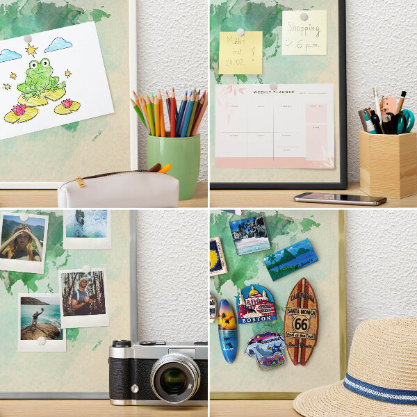 Printed magnet board in a silver frame World map