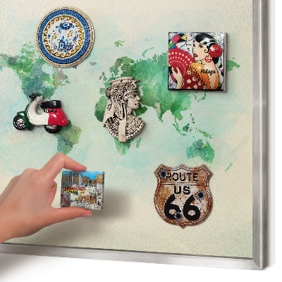 Printed magnet board in a silver frame World map