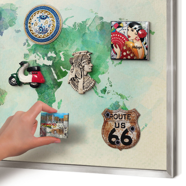 Printed magnet board in a silver frame World map