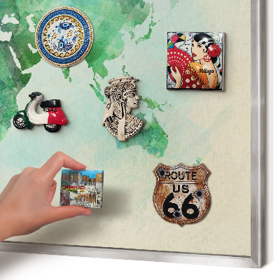 Printed magnet board in a silver frame World map