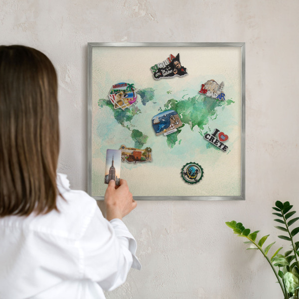 Printed magnet board in a silver frame World map