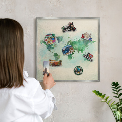 Printed magnet board in a silver frame World map