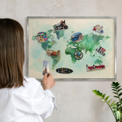 Printed magnet board in a silver frame World map