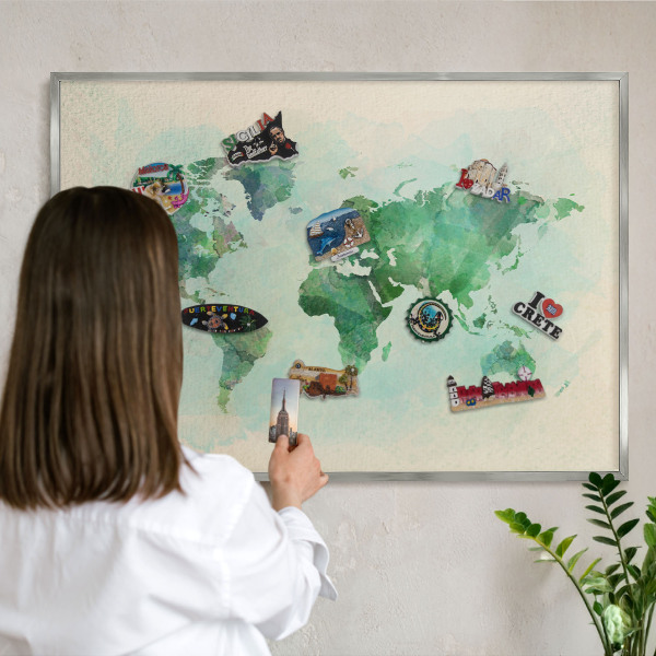 Printed magnet board in a silver frame World map