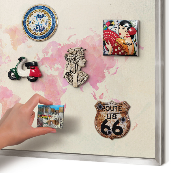 Souvenir magnet display board with a silver frame World map