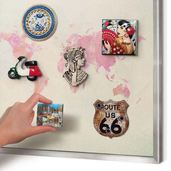 Souvenir magnet display board with a silver frame World map