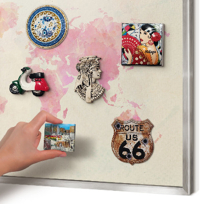 Souvenir magnet display board with a silver frame World map