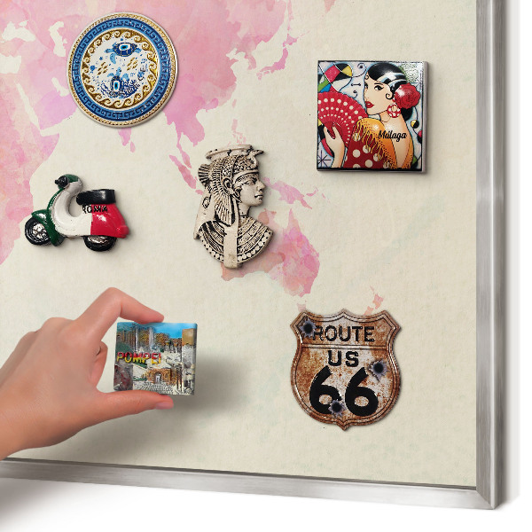 Souvenir magnet display board with a silver frame World map