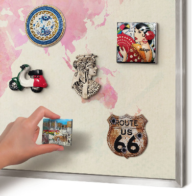 Souvenir magnet display board with a silver frame World map