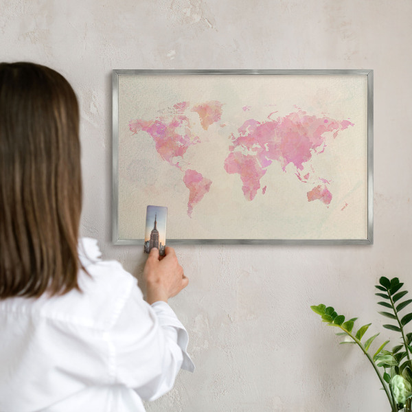 Souvenir magnet display board with a silver frame World map