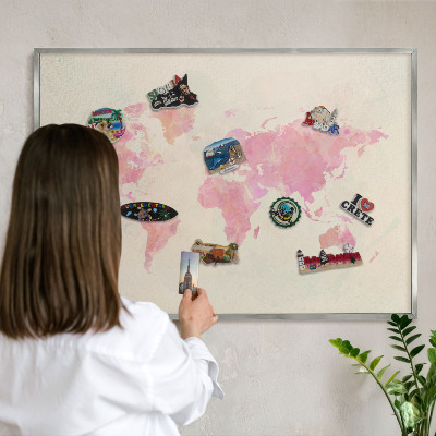 Souvenir magnet display board with a silver frame World map