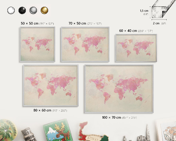 Souvenir magnet display board with a silver frame World map