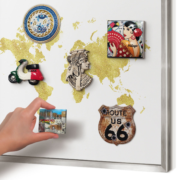 Printed magnet board in a silver frame World map