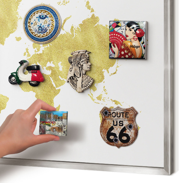 Printed magnet board in a silver frame World map