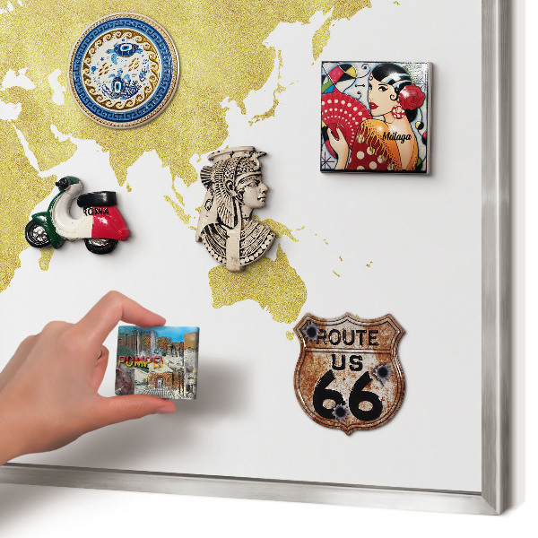 Printed magnet board in a silver frame World map