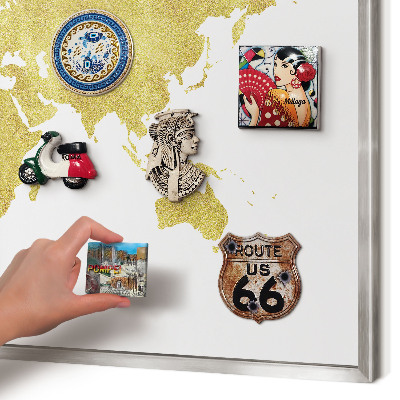 Printed magnet board in a silver frame World map