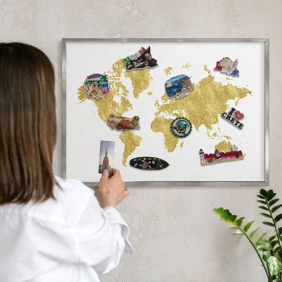 Printed magnet board in a silver frame World map