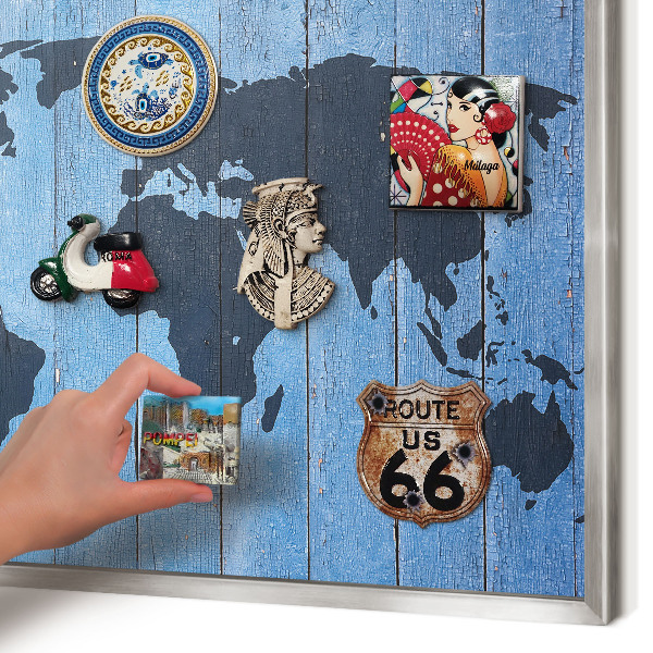 Souvenir magnet display board with a silver frame World map
