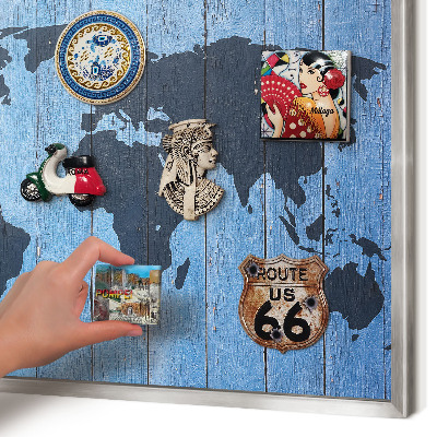 Souvenir magnet display board with a silver frame World map