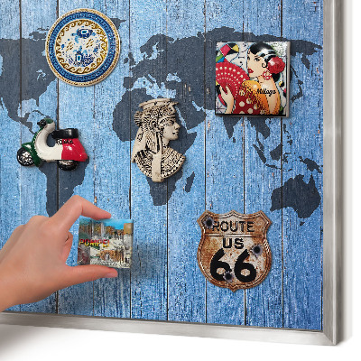 Souvenir magnet display board with a silver frame World map